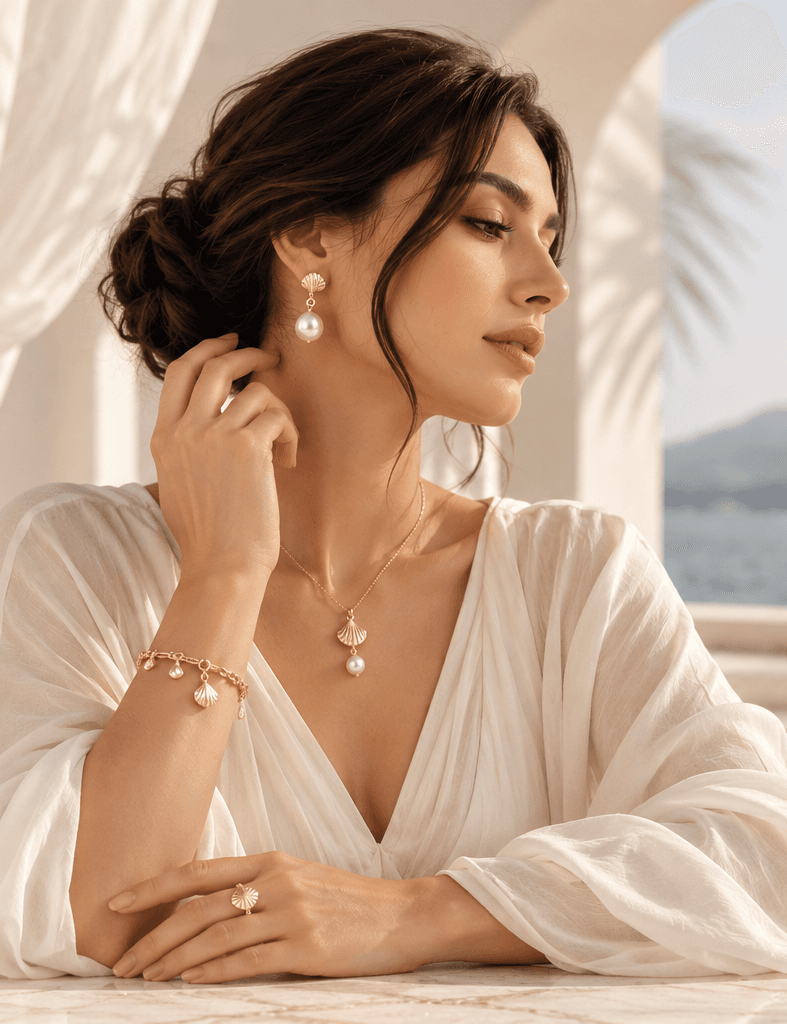 استایل زنانه با گردنبند و گوشواره طلایی زری‌نا